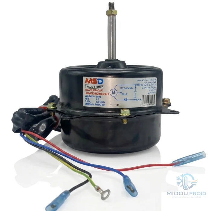 MOTEUR VENTILO CLIM EXTERIEUR 45W–3F ROTATION DROITS AXE 7CM — 2